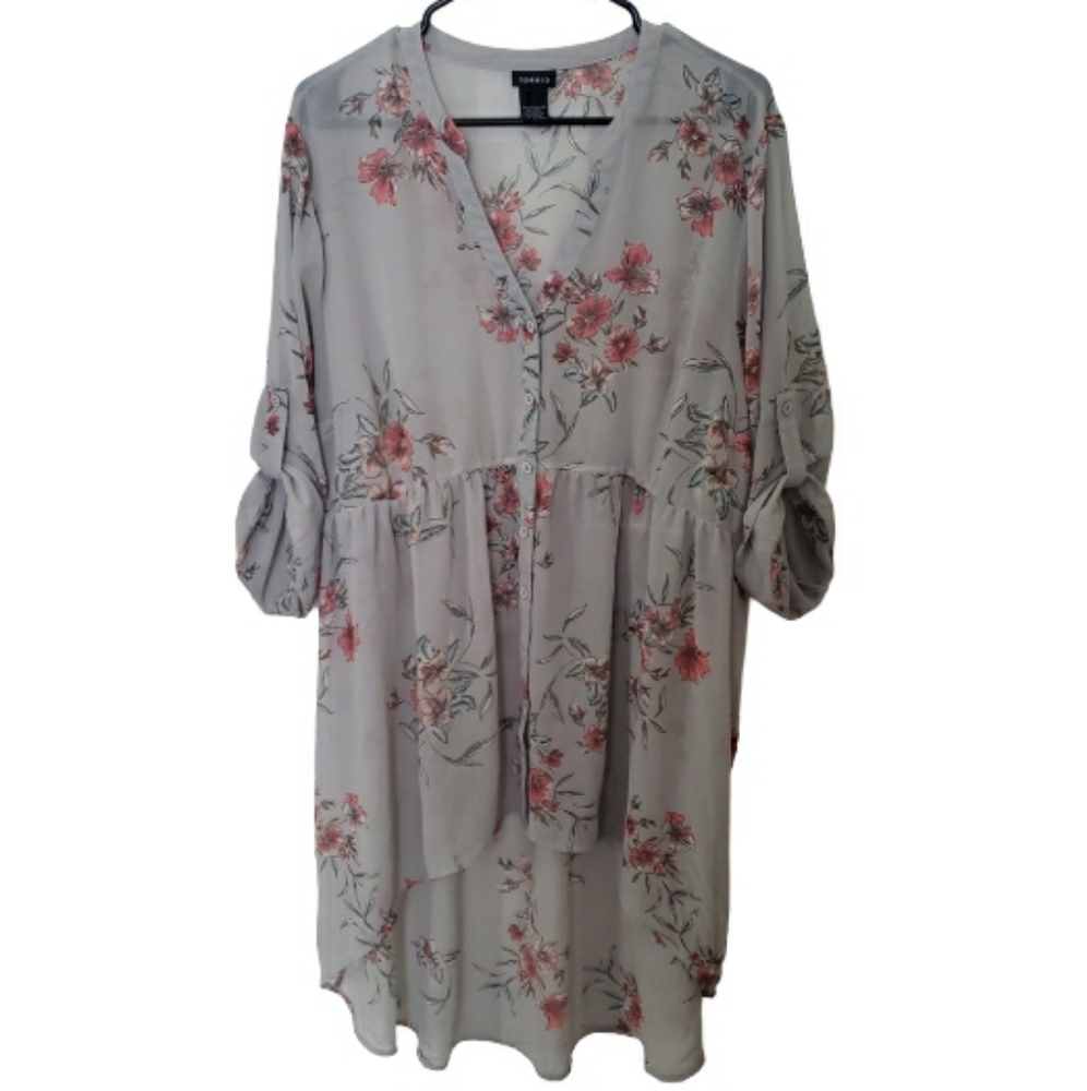 Torrid Lexie Gray Pink Floral Tunic High Low Roll Tab Button Sheer 2 Whimsical